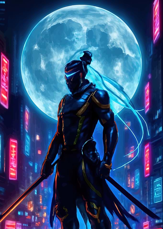 Cyberpunk Ninja Under a Full Moon