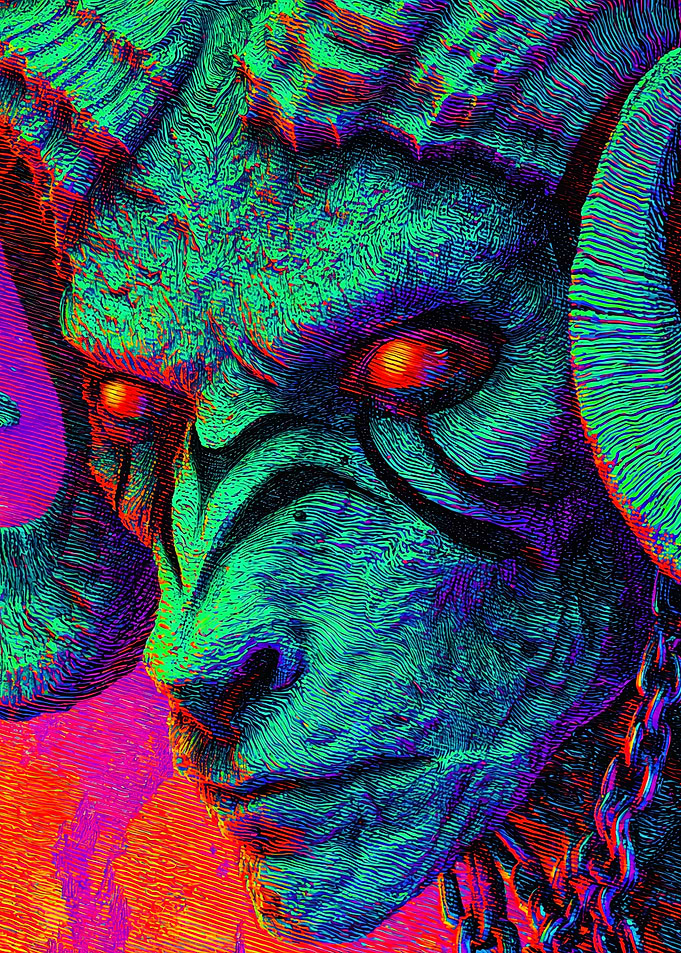 Neon Horned Demon Gritty Portrait