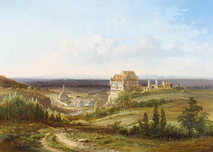 Panoramic landscape with castle and village