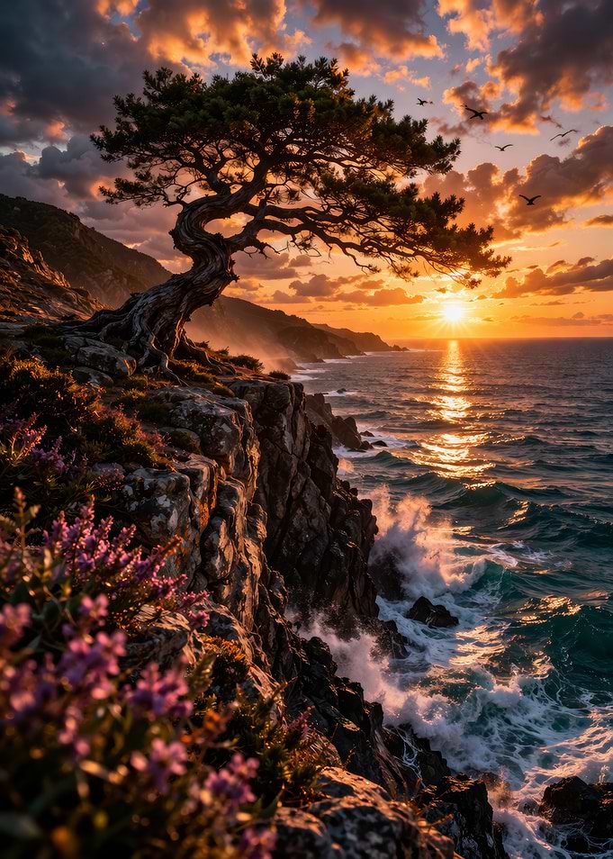 Dramatic Coastal Sunset with Gnarled Tree