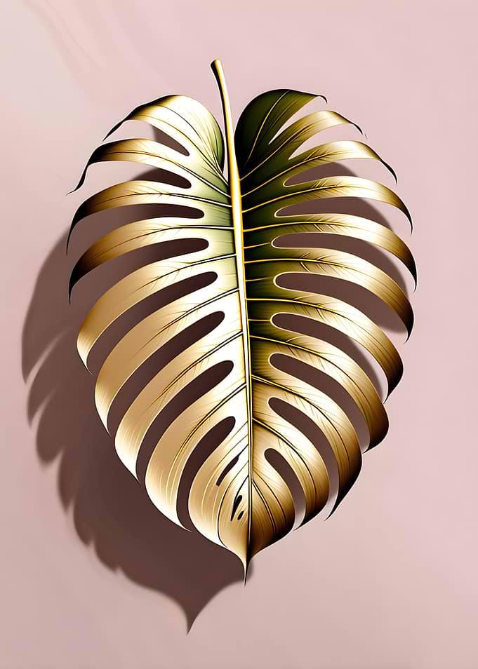 Golden Monstera Leaf with Shadow on a dusty rose background