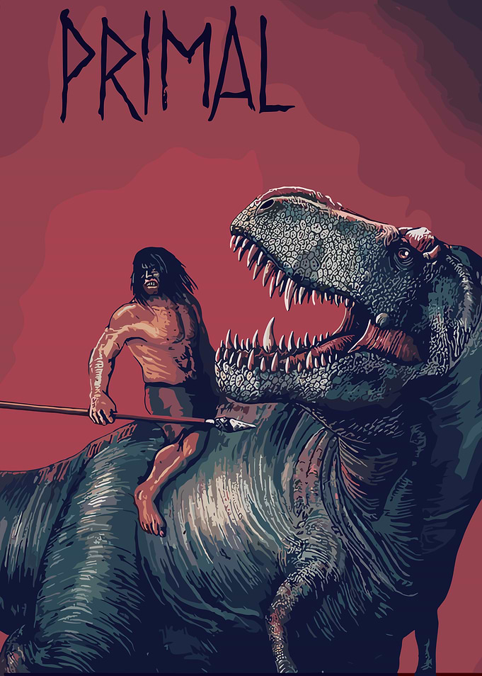 Primal Caveman Riding Dinosaur