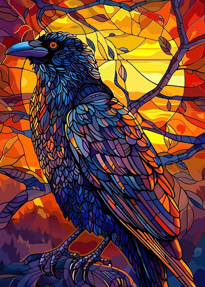 Stained Glass Raven at Sunset