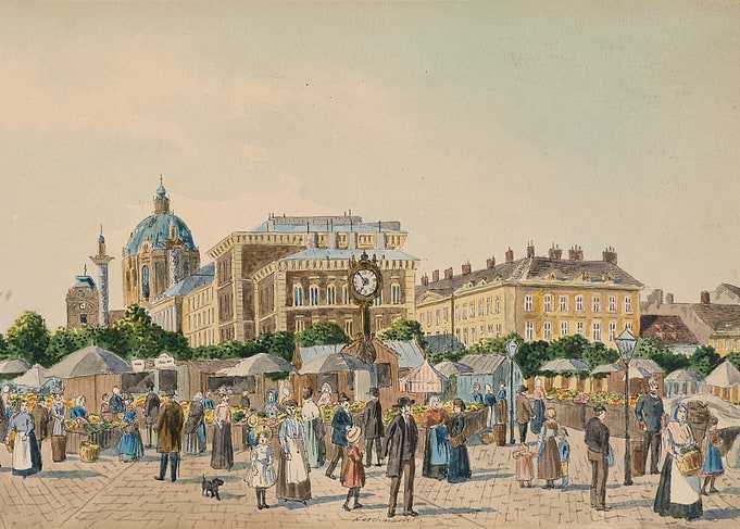Market scene with historic buildings
