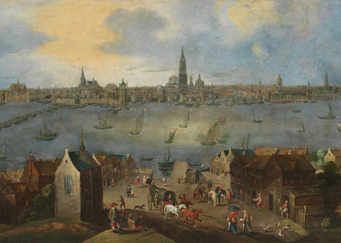 17th Century Cityscape with River and Boats