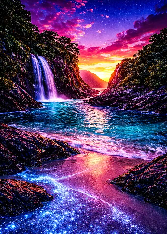 Bioluminescent Beach Waterfall at Sunset