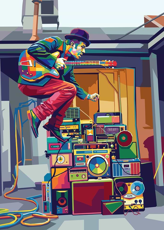 Man playing guitar on boomboxes