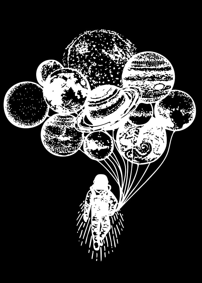 Astronaut Floating with Planet Balloons