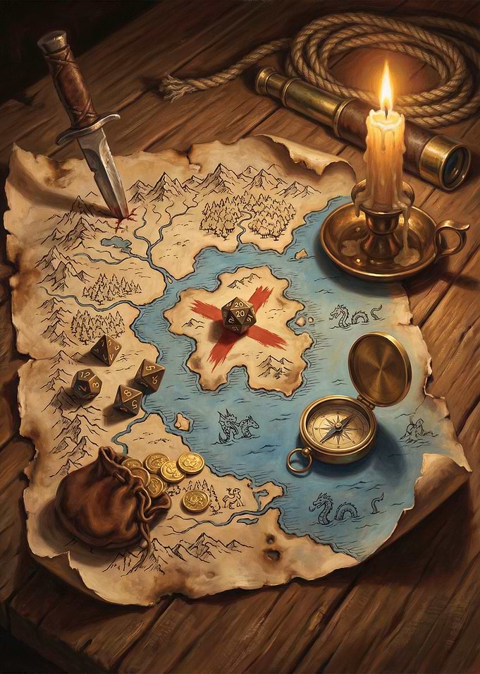 Treasure Map with D&D Dice and Compass