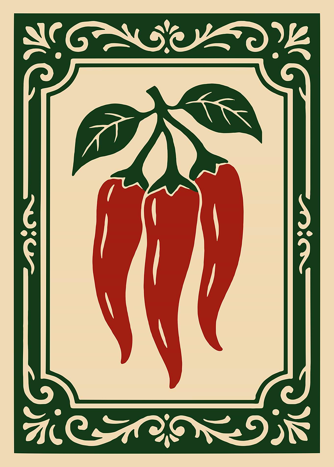 Three Red Chili Peppers with Green Leaves