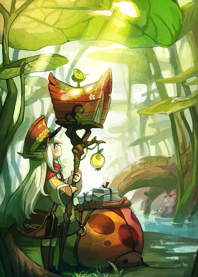 Anime girl with staff in a forest