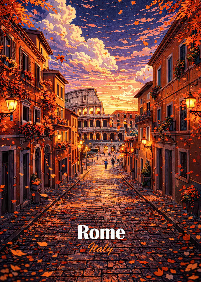 Rome Street with Colosseum at Sunset