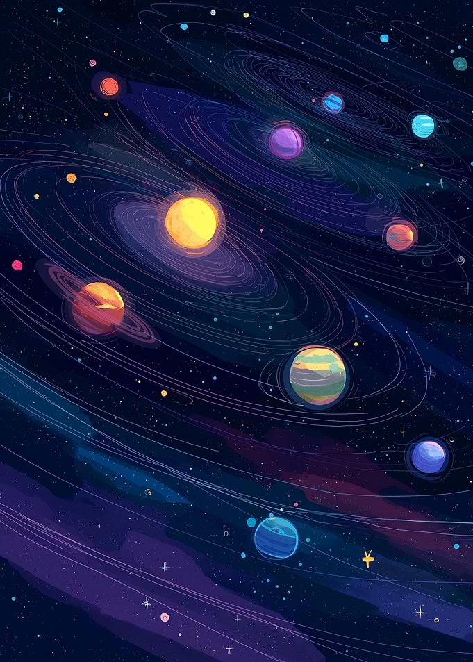 Cosmic Galaxy with Planets and Rings