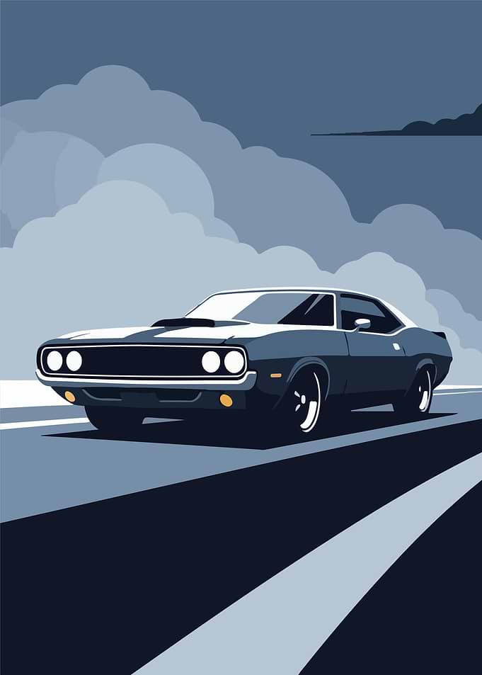 Classic Muscle Car on a Road Poster Vector Art