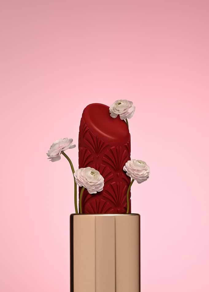 Red Lipstick with White Flowers