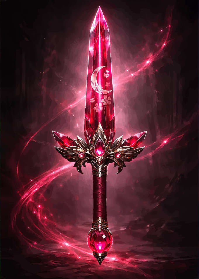 Fantasy Crystal Sword with Moon and Flowers