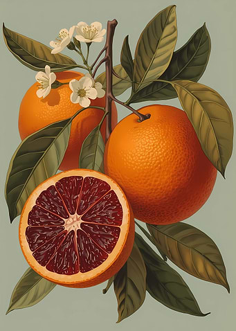 Blood Oranges with Flowers and Leaves