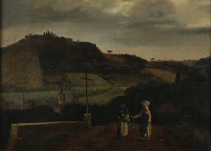Pilgrims by a roadside cross