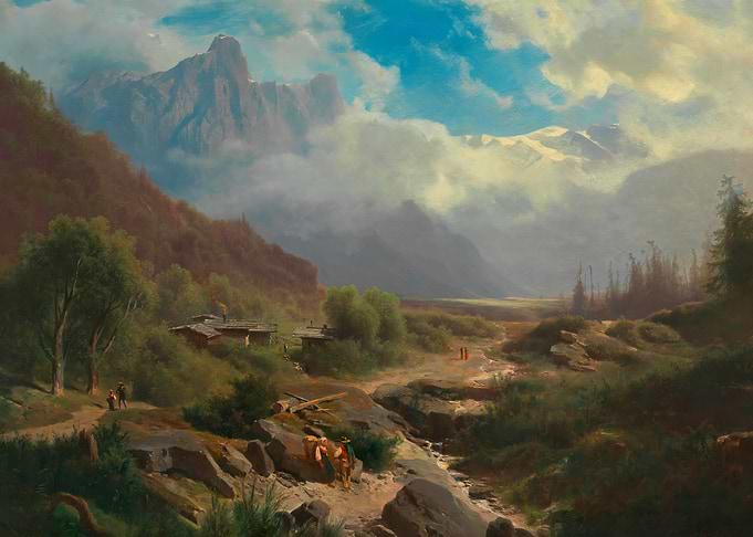 Alpine Village with Majestic Mountains