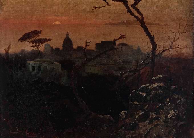 Sunset over ancient ruins and cityscape