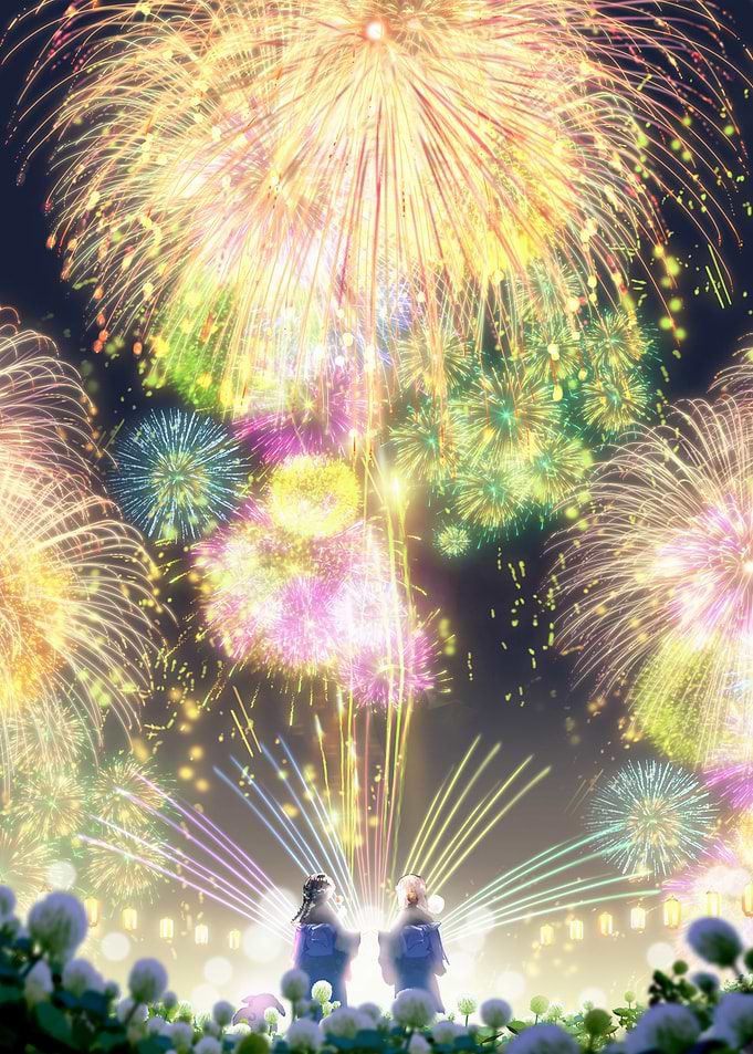 Two figures watching fireworks
