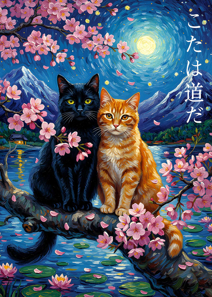 Starry Night And The Cat Cherry Blossoms