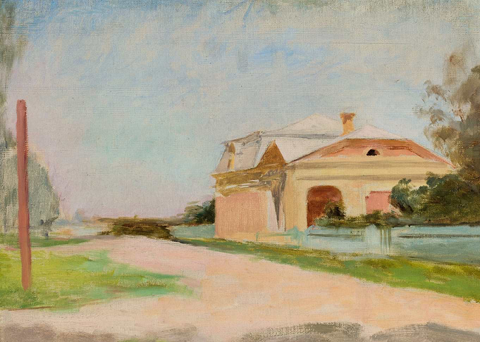 Impressionist painting of a rural house and road