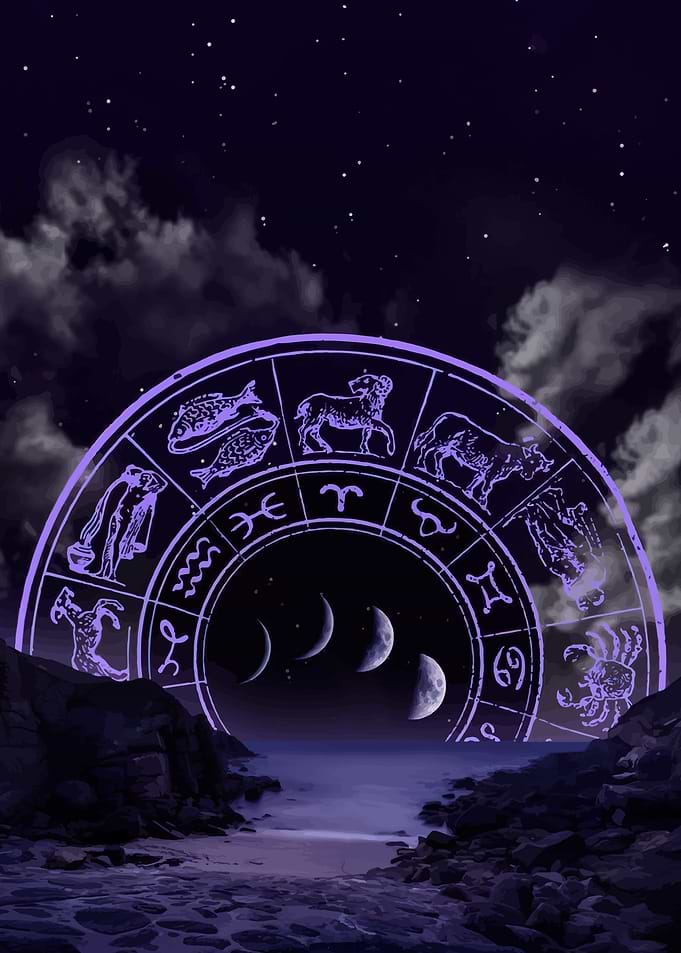 Zodiac Wheel Over Ocean at Night