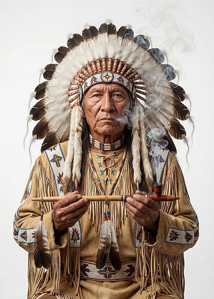 Native American Man with Headdress and Pipe