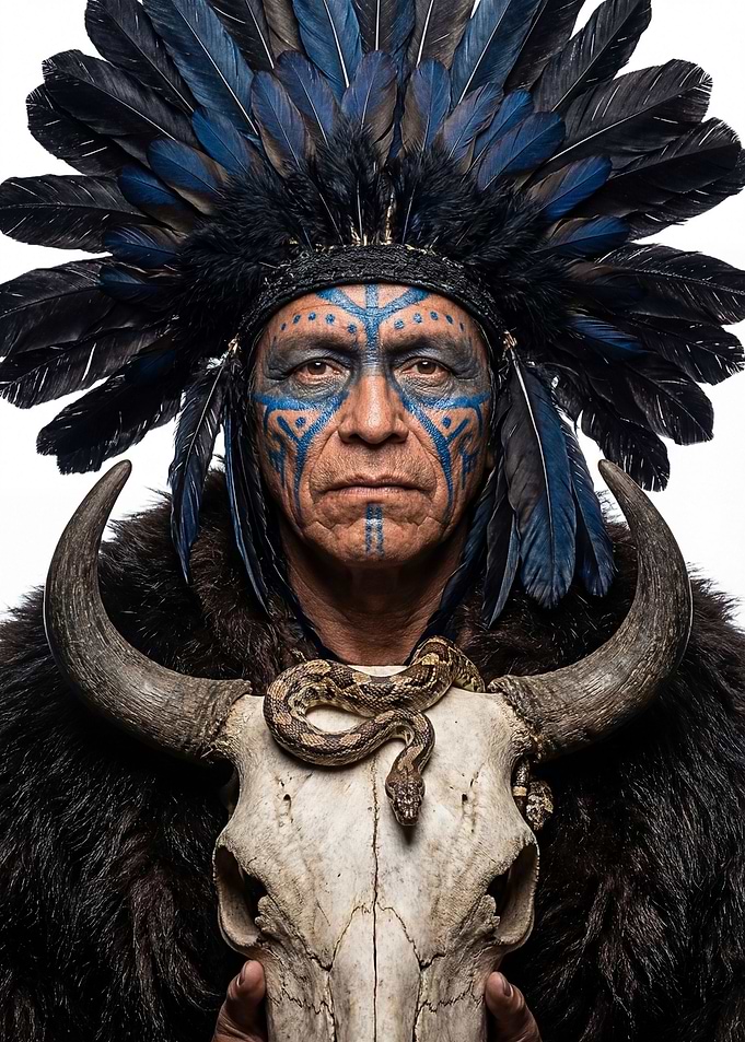 Native American Man with Headdress and Snake