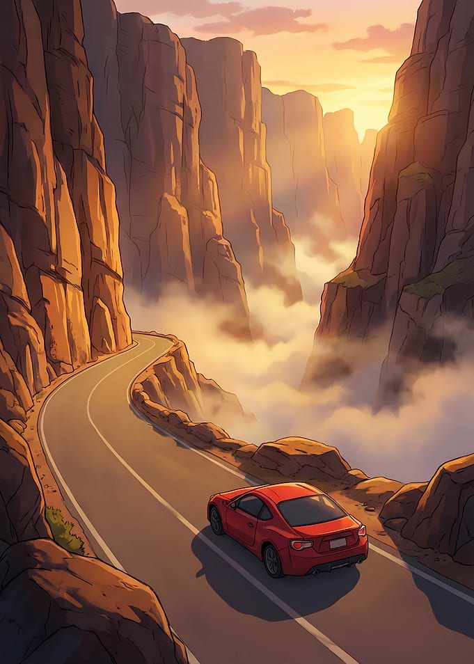 Red car driving through a canyon at sunset