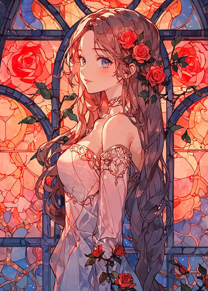Anime Girl in Rose Garden Stained Glass