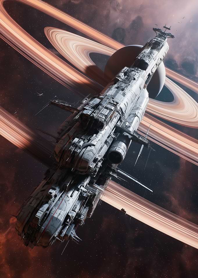Massive Spaceship Near Saturn-like Rings