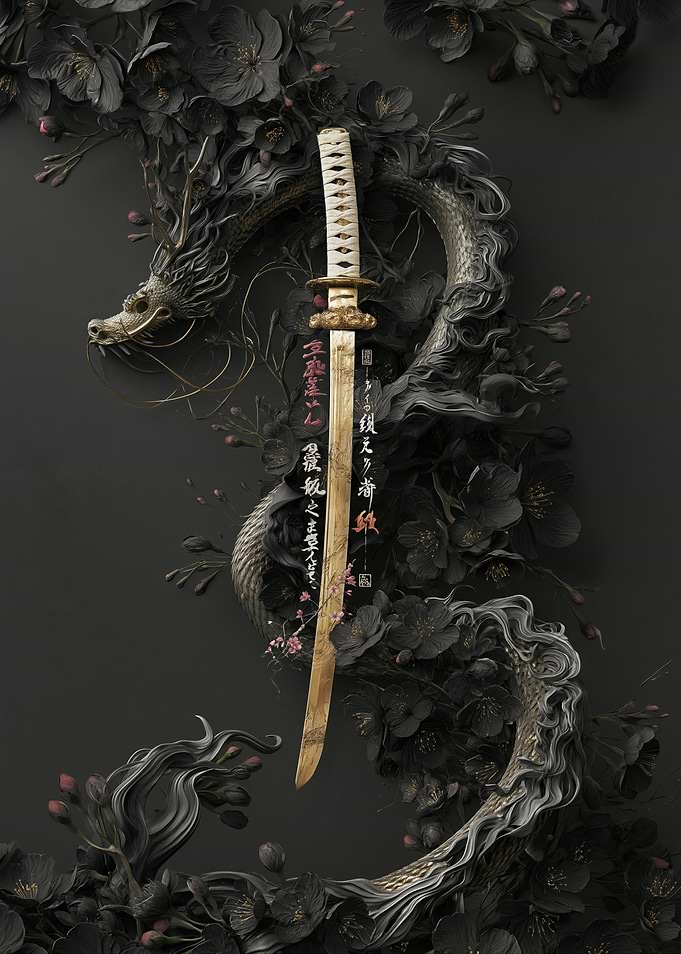 Dragon and Katana with Black Flowers