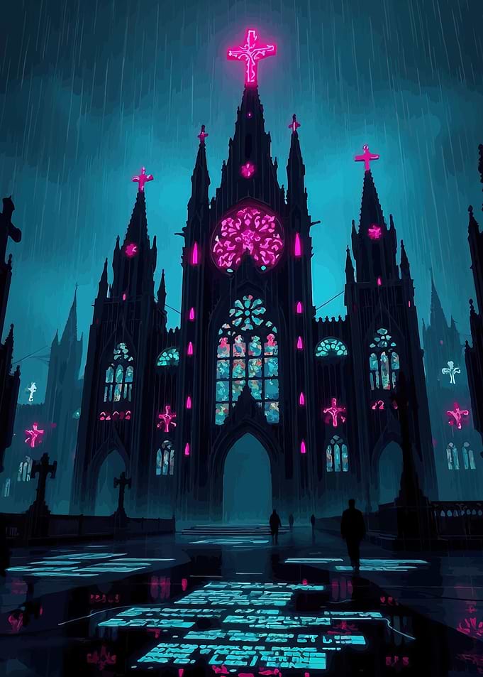 Gothic Cathedral with Neon Crosses