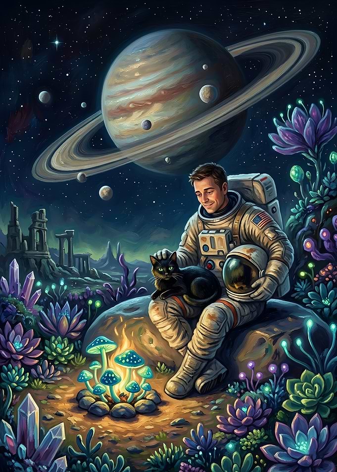 Astronaut and Cat on Alien Planet