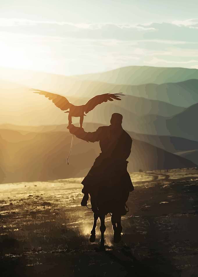 Man and Eagle on Horseback at Sunset
