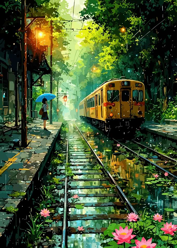 Anime Train Station in Rain