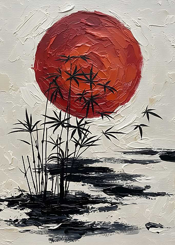 Red Sun and Bamboo Painting