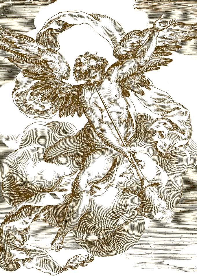 Angel blowing a trumpet on clouds