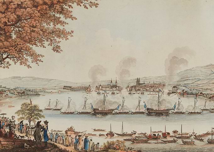 Naval Battle Scene with City in Background