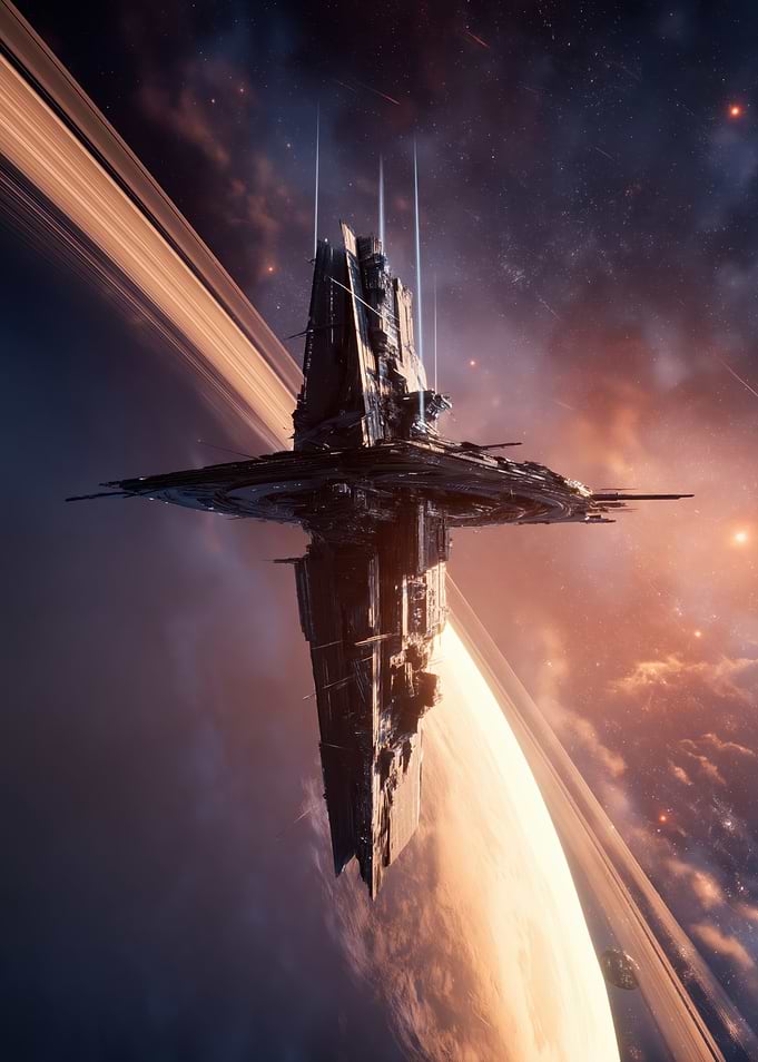 Massive Space Station Orbiting Ringed Planet