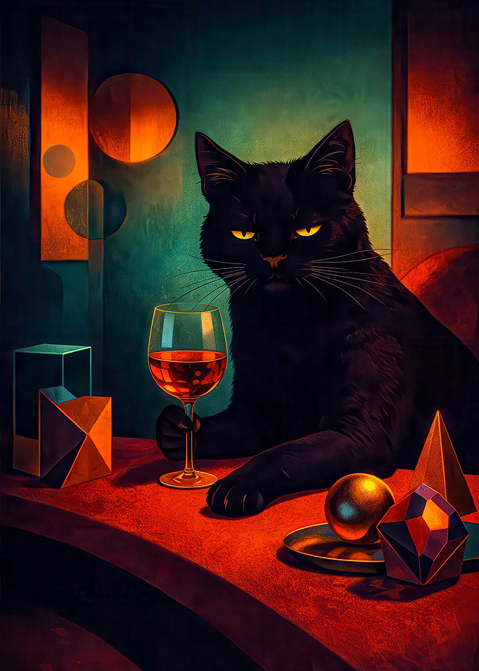 Black Cat with Wine and Geometric Shapes