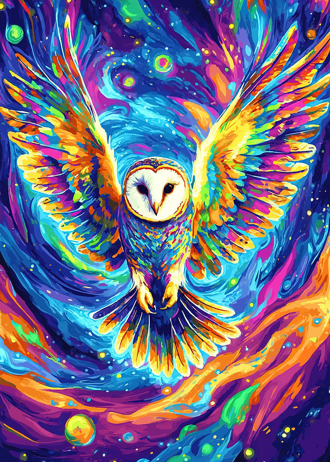 Colorful Owl in Cosmic Background