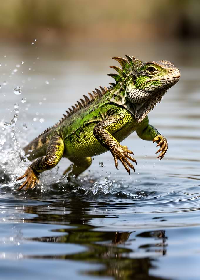 Green Iguana Running Through Water