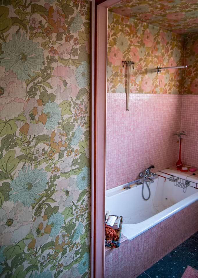 Retro Bathroom with Floral Wallpaper