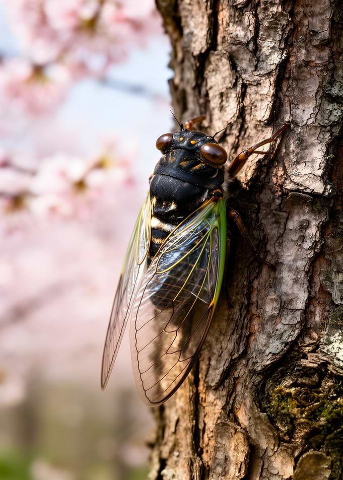 Cicada on a Tree Trunk with Cherry Blossoms