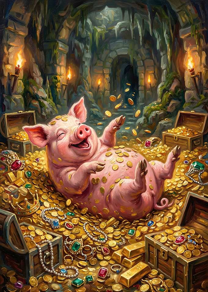 Pig Rolling in Treasure