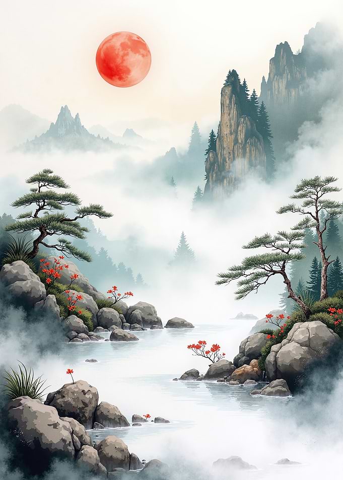 Misty Mountains and Red Sun