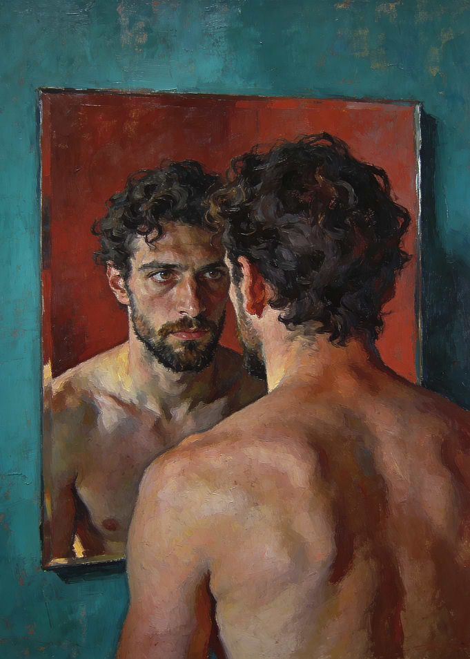Man looking at his reflection